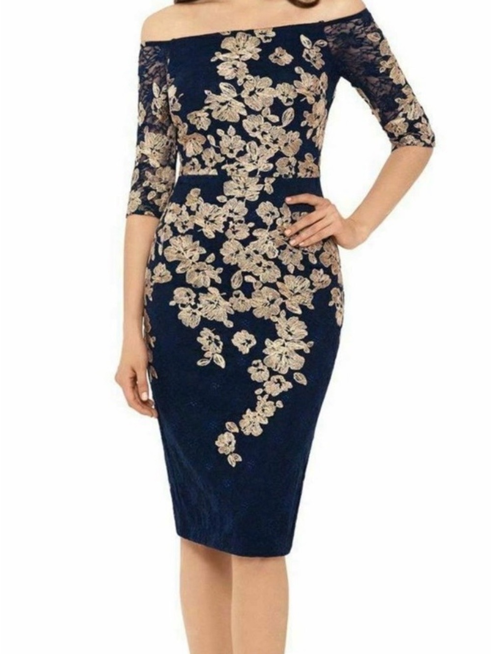 XSCAPE Womens Metallic Floral Lace Sheath Dress, Blue, 4